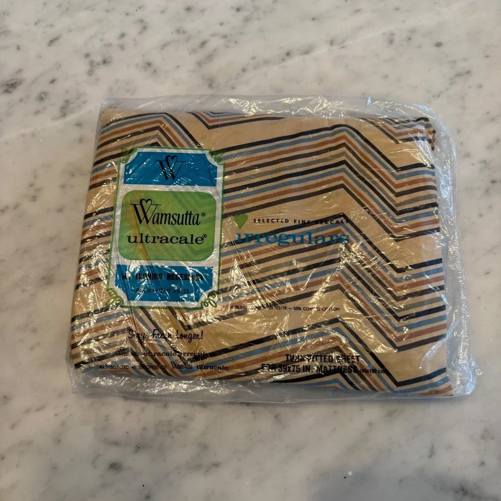 Vintage Wamsutta Ultracale Twin Fitted Sheet Chevron Zig Zag Tan Blue Brown 70s‎